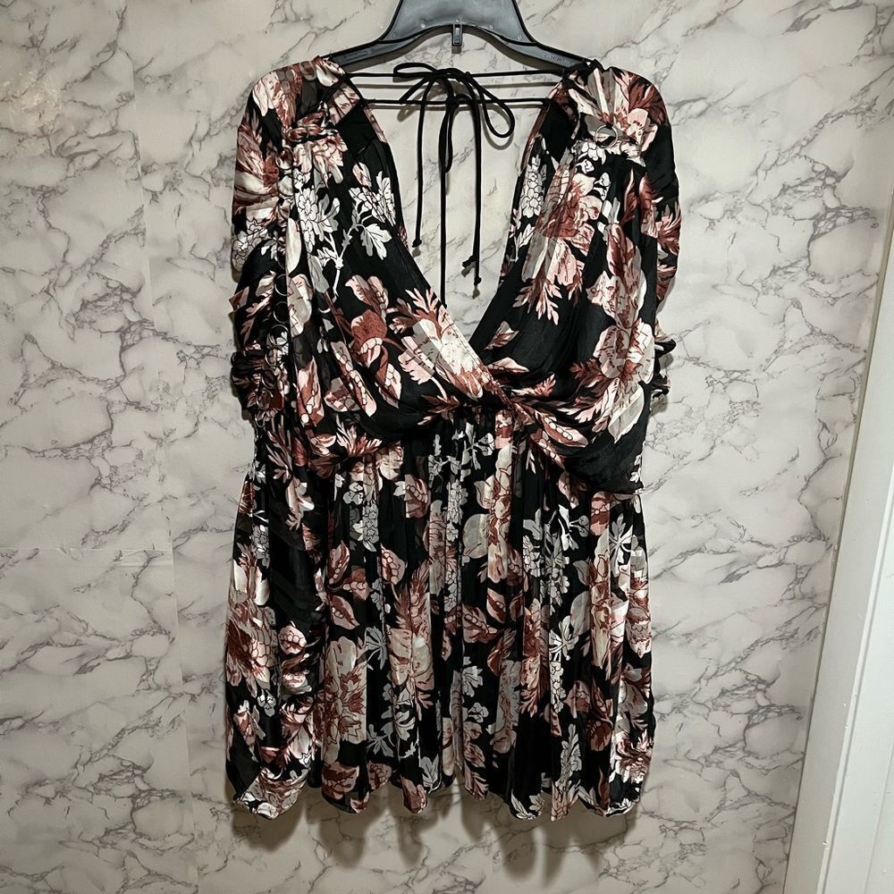 ASOS DESIGN satin stripe blouson mini dress with ring detail in floral print
